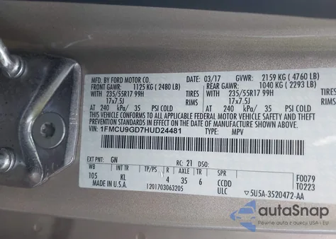 2017 Ford Escape Se из США, поврежденный, VIN 1FMCU9GD7HUD24481